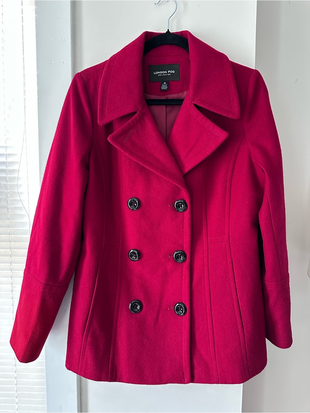 London Fog Collection Deep Red Wool Blend Double Breasted Pea Coat Sz Med
